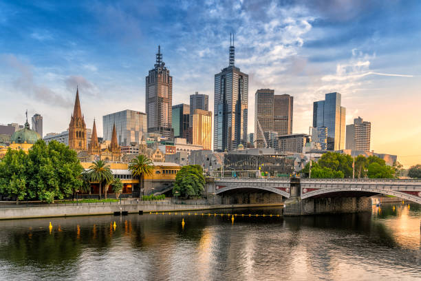 Melbourne city skyline with river and bridge at sunset